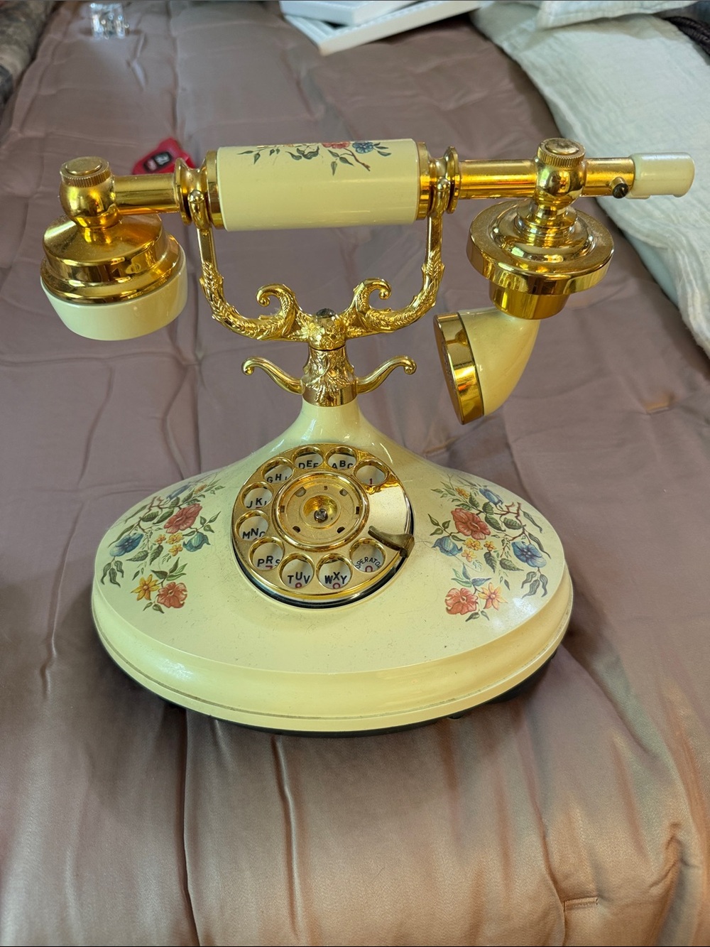 Cream Vintage-Style Floral Rotary Phone with Gold Accents real from 1973
